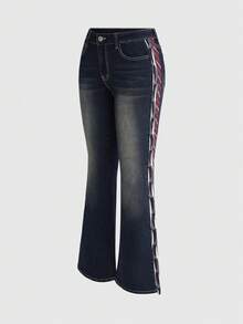 ROMWE Grunge Punk Quần jeans ống loe nữ có túi và cúc, kiểu dáng thường ngày, đa năng. - Màu xanh lam - Xem 3