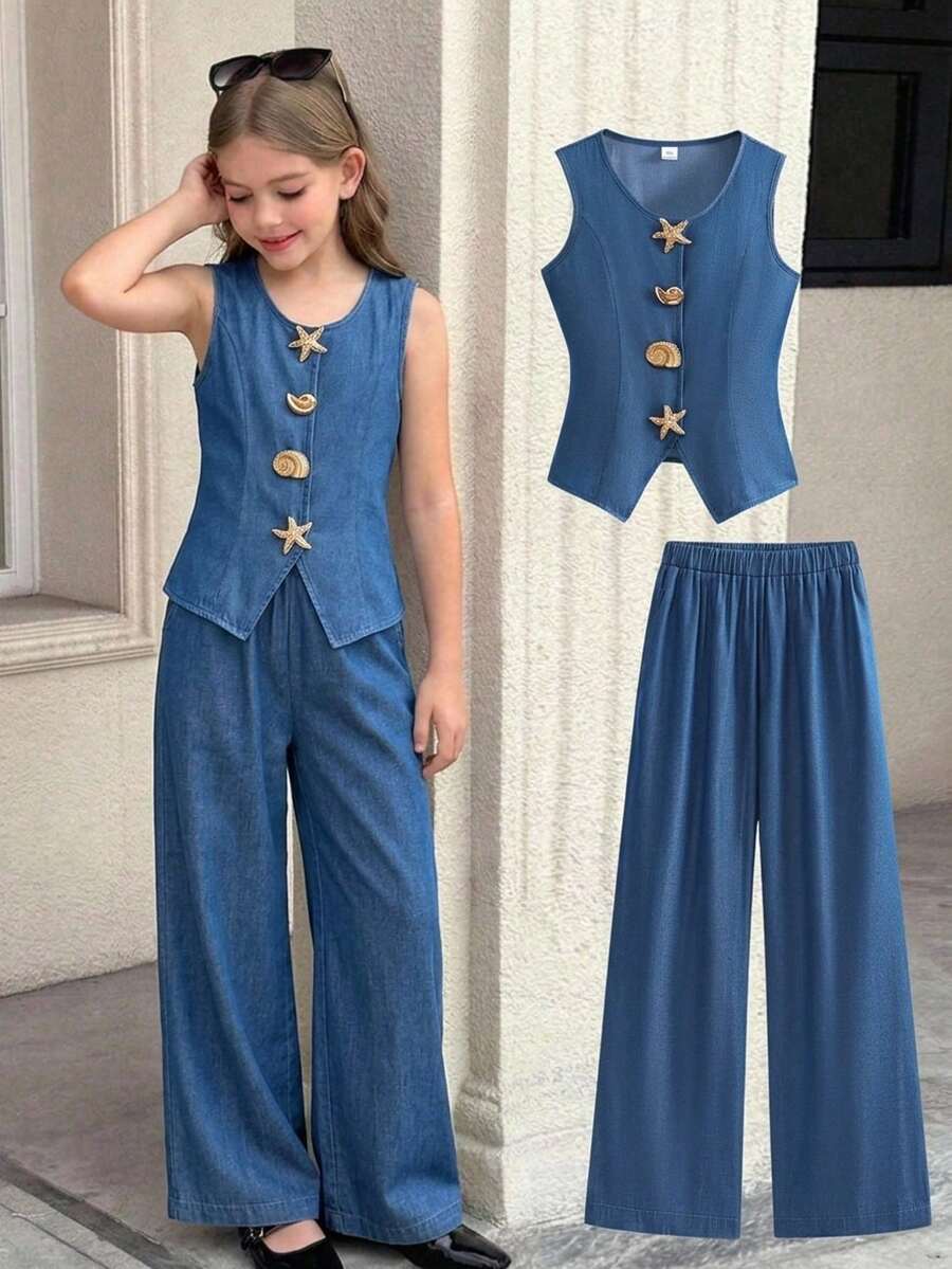 SHEIN 2pcs/Set Girls' Denim Effect Camisole And Pants Set,Ocean-Themed Metal Asymmetrical Buckle,Aqua Blue,Summer,Casual,Vacation,Holiday Minimalist Outfit - Blue - View 1