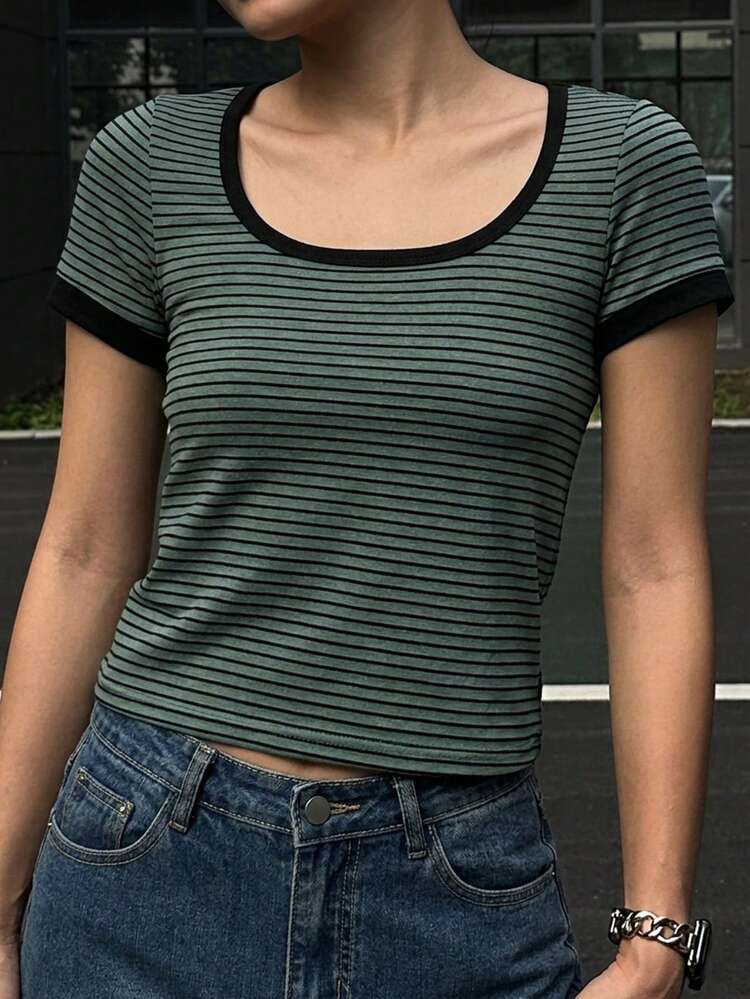 Women's Striped Short Sleeve Fitted T-Shirt Summer