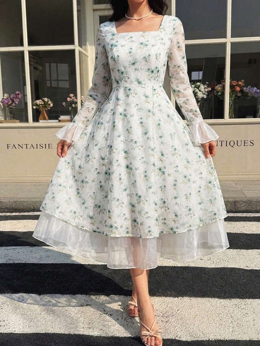 Modelyn 女士印花方领喇叭袖中长连衣裙 - 綠色 - 查看 1