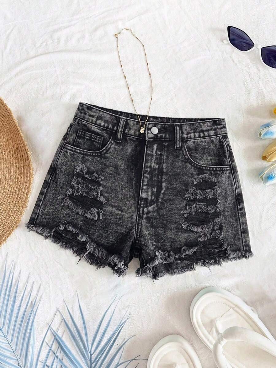SHEIN Tween Girl Y2K Spring Summer Break Washed High Waist Ripped Raw Hem Denim Jeans Shorts With Raw Hem, Summer Beach Boho Vacation Shorts, Summer Concert Festival Casual Rave , Girls Summer Brunch Graduation - Black - View 1