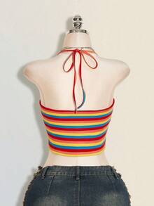 SHEIN ICON Top corto halter con espalda descubierta y acanalado para mujer - Multicolor - Ver 2