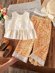Emery Rose Kids Emery Rose Kids مجموعة ملابس علوية أكمام بلا أكمام ذو رقبة دائرية وبنطال طويل لون أحادي للفتيات الصغيرات، 2 قطعة - لون برتقالي - مشاهدة 4