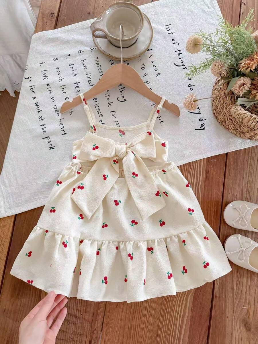 LMoss Kids Baby Girl Cherry Print Backless Bow Decor Fashionable Versatile Camisole Dress - Apricot - View 1