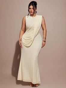 SHEIN BAE Plus Size Women's Elegant Summer Cream Sleeveless Maxi Dress,Backless Draped Ruched Detail Sophisticated Formal Party Evening Vacation Events Gown - Brown - View 5