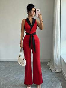 Elenzga Women's Contrast Color Minimalist Sleeveless Jumpsuit, Casual Daily Wear - Red - View 3