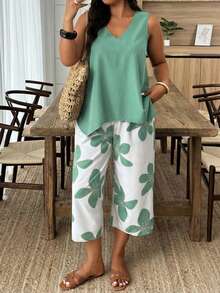 Weeklong Casual Vacation Style Sleeveless Plus Size 2 Pieces Set With Floral Patchwork - Multicolor - View 4