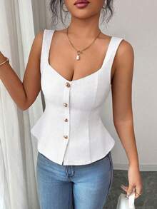 Elenzga Áo tank top nữ thời trang thanh lịch, màu trơn, cổ vuông, cài cúc phía trước, xếp ly ở eo, ôm sát, dây đeo rộng. - trắng - Xem 4