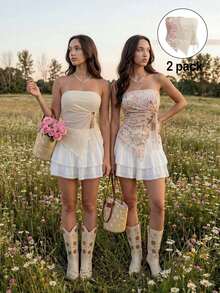 MainGRL 2026 SS Neue elegante Urlaubs-Lässig Damen Aprikose & asymmetrische Blumen Chiffon Ausschnitt Zweiteiler Top, geeignet für Reisen, Einkaufen, Strand, Garten, Alltag - Verschiedenfarbig - Übersicht 1
