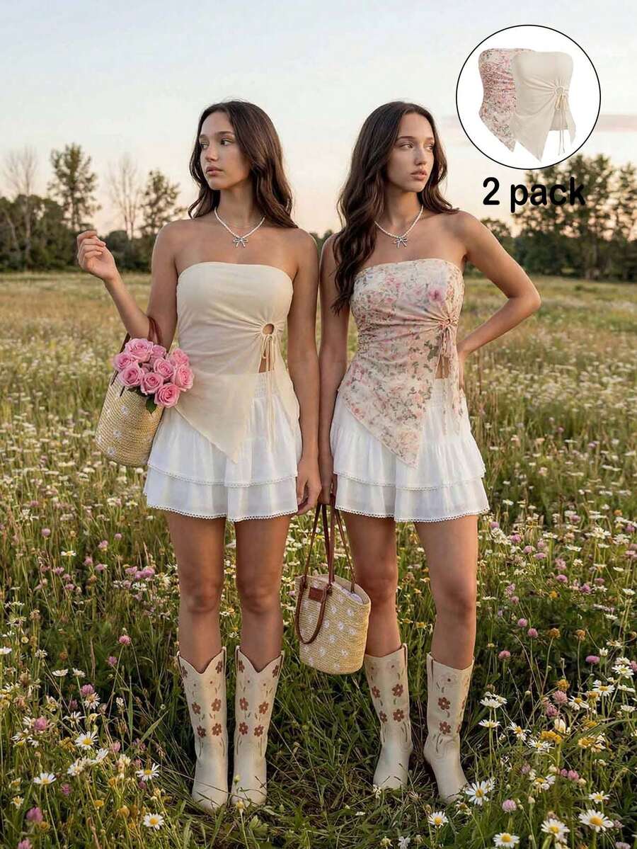 MainGRL 2026 SS Neue elegante Urlaubs-Lässig Damen Aprikose & asymmetrische Blumen Chiffon Ausschnitt Zweiteiler Top, geeignet für Reisen, Einkaufen, Strand, Garten, Alltag - Verschiedenfarbig - Übersicht 1