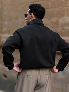 YOUESAWY YOUESAWY 1 pieza Sudadera holgada de media cremallera con cuello para hombre, unicolor y ligera - Negro - Ver 3