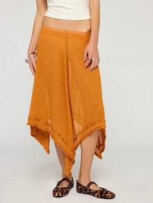COUREZ Falda midi con volantes y bajo de pañuelo transparente / Conjuntos de verano Y2K para mujer Faldas de ganchillo Faldas largas Faldas de verano Atuendos para salir Atuendos de festival Ropa de verano para mujer - Naranja - Ver 6
