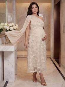 SHEIN Summer Elegant Maternity Dress, Pregnant Women Tassel Decor Asymmetric Collar Off-Shoulder Fringe For Baby Shower Photoshoot Party Babyshower - Apricot - View 3