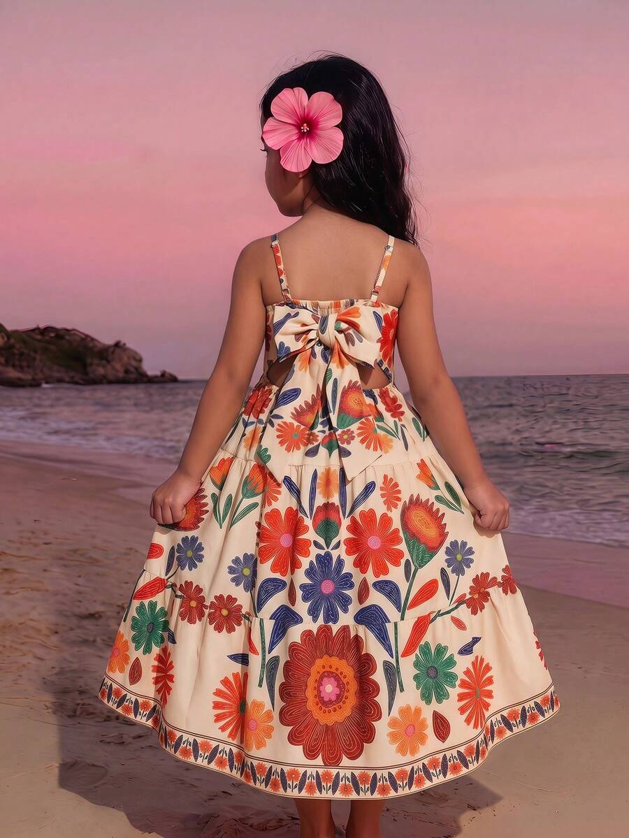 Young Girl Summer Beach Vacation Chiffon Floral Pattern Bow Decor Vacation Slip Dress - Multicolor - View 1