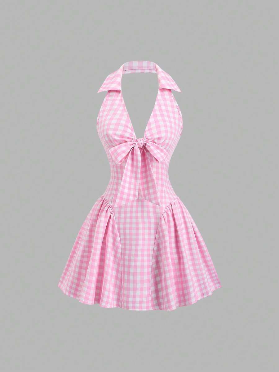 Sweetra Retro American Style Pink Plaid V-Neck Bow Tie Backless Waist Cinched Short Dress, Suitable For Picnic - Pink - View 1