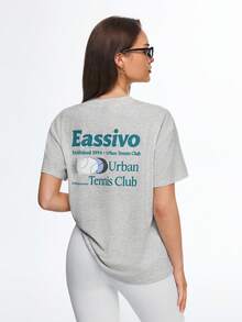 CourtClass CourtClass Women's Casual Sports Tennis Letter Print Loose Short Sleeve T-Shirt, Summer - Grey - View 3