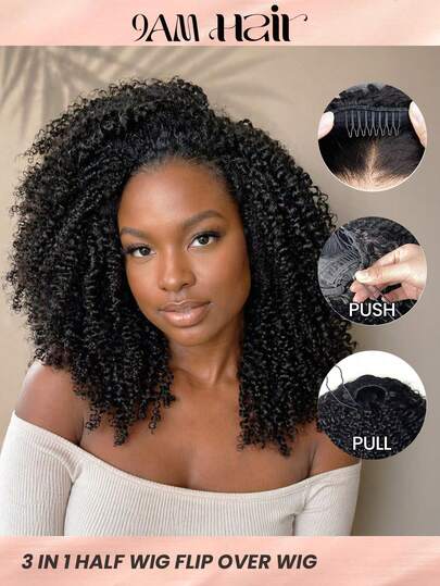 Peluca mitad afro rizada y flexible 3 en 1 con cordón, línea del cabello natural y sin pegamento, amigable para principiantes, cabello humano sin procesar de 180% de densidad, 14-16 pulgadas de largo bob, 18-26 pulgadas de largo regular, color natural, regalo de peluca de cabello humano Y2K