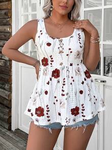 SHEIN LUNE Textured Knit Printed Cinched Waist Plus Size Tank Top - Multicolor - View 3