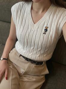 Briarwyn Women's V-Neck Bear Embroidery Casual Versatile Daily Wear Knit Short Sleeve Top,Teddy Bear Embroidery Knitted Top, White Knitted Women Top,Old Money Style,Mothers Day Outfit - Beige - View 3