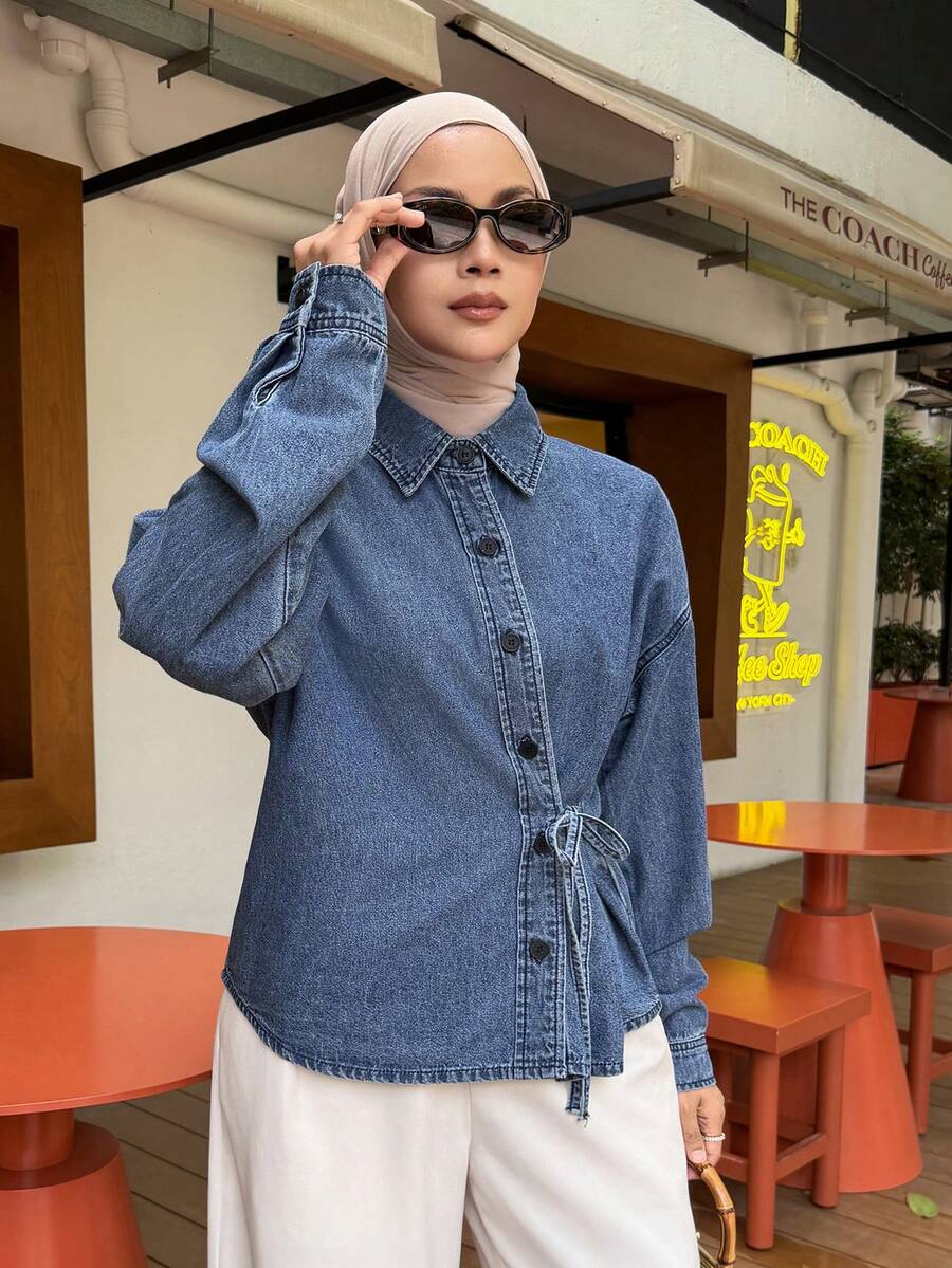 Áo khoác denim nữ dáng rộng, thắt eo, thích hợp cho mùa xuân và mùa hè. - Màu xanh lam - Xem 1