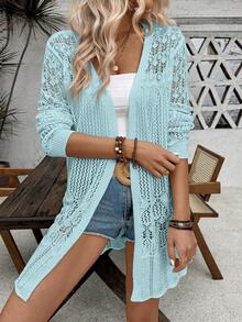 SHEIN LUNE Áo khoác cardigan dài tay nữ màu trơn khoét lỗ, kiểu dáng thường ngày - Màu xanh nhạt - Xem 1