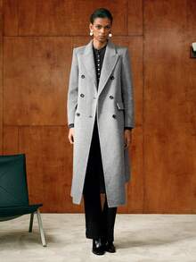 MOTF PREMIUM WOOL PEAK COLLAR DOUBLE BREASTED PLACKET BELTED OVERCOAT - Grey - View 6