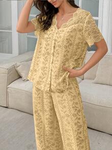 Serenescape Wisteria Floral Lace Patchwork Sheer Shoulder Pajama Set With Short Sleeve Top And Pants - Yellow - View 4