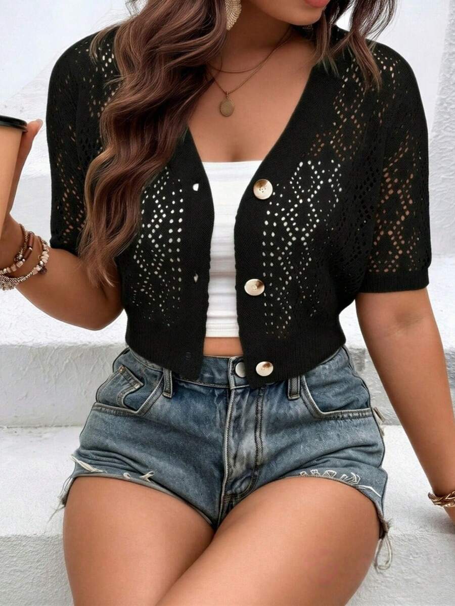 Breezaya Áo khoác cardigan ngắn tay cổ chữ V khoét lỗ dành cho nữ cỡ lớn - màu đen - Xem 1