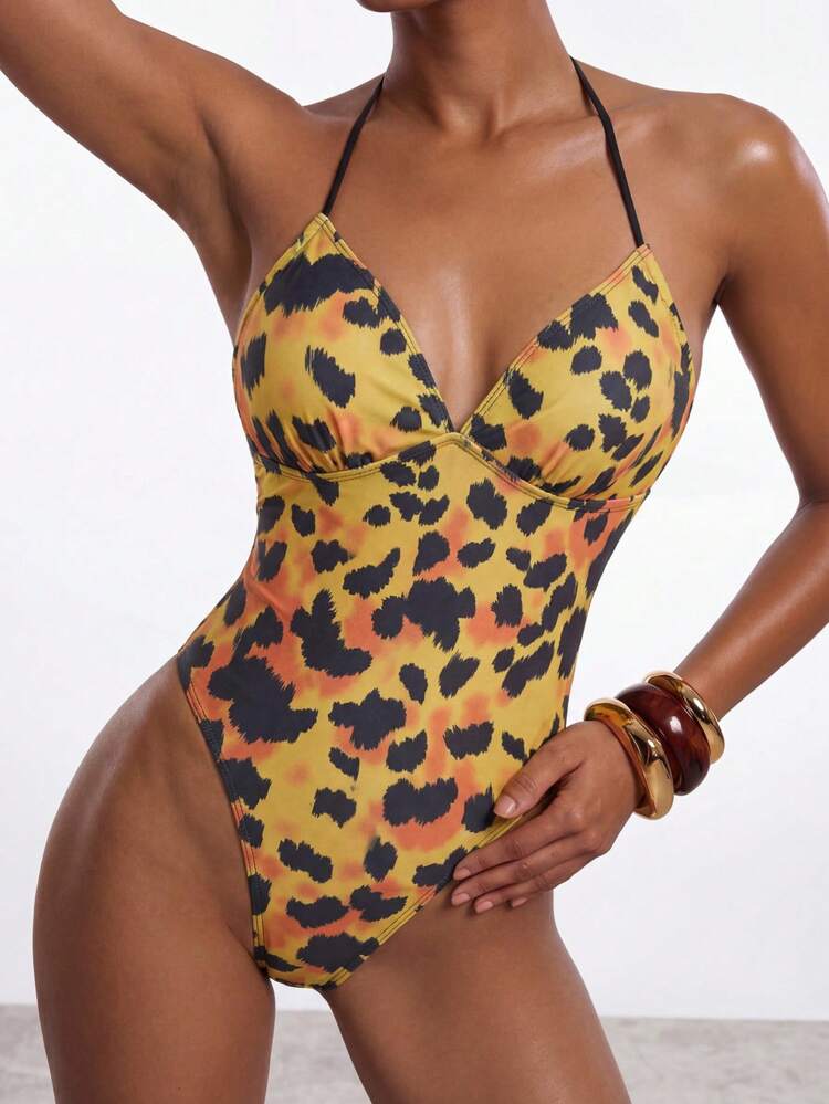 SHEIN Maija Women's Vacation Casual Printed Halter One-Piece Swimsuit