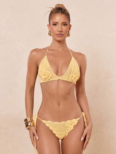 Lumalex Women's Handmade Crochet Bikini Set – Soft Butter‑Yellow Triangle Bikini With Adjustable Halter Neck And Back Tie Closures, Hand‑Crocheted Floral Applique Cup Embellishments, Textured Knit Stitch Detailing, Matching Tie‑Side Crochet Bikini Bottom With Scalloped Edges And Floral Accent, High‑Leg Cheeky Silhouette, Lightweight Stretch Yarn Construction, Boho Vintage‑Inspired Design, Beach, Poolside & Resort Swimwear Set, Spring Break Outfits, Cruise Outfits, Summer Holiday Outfits, Beach Outfit For Women, Carnival Women Look 2026, Party Outfits, Valentine's Day Ideas, Romantic Valentine Vibes, Neo Girly Mood, Boho Casual Vibes, Quiet Luxury Style, Beach Weekend, Valentine's Day Ideas, Romantic Valentine Vibes, Vacay Vibes, Elegant Outfit, Beach Outfits, Sea Side, Partywear Guidelines
