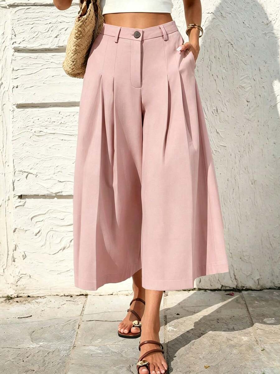 SHEIN Holidaya Women's Casual Linen Capri Pants, Suitable For Leisure, Beach, And Home Wear - Dusty Pink - View 1