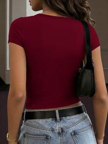 Women's Solid Color Sweetheart Neck Ruffle Short Sleeve Fitted T-Shirt - Burgundy - View 4