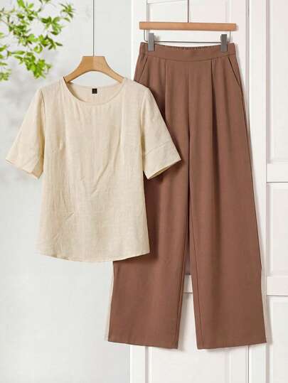 Rusticease Women's Elegant Pleated V-Neck Apricot Short Sleeve Blouse
