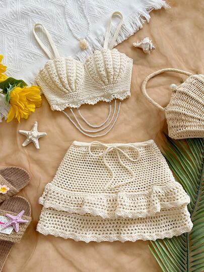 Soleia 春夏新款休闲度假西部海滩婚礼宾客装扮毕业早午餐圣帕特里克节春假复活节音乐节优雅波西米亚热带风情贝壳杯串珠装饰象牙色纹理针织两件套女式毛衣套装