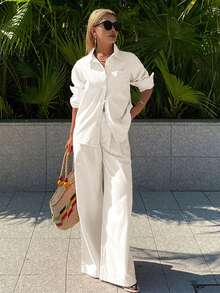 DAZY Conjunto casual de mujer con camisa suelta de cuello y pantalones rectos, color rosa, elegante y juvenil - Blanco - Ver 5