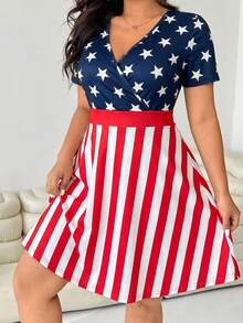 SHEIN EZwear 大码女式休闲度假拼接美国国旗印花短袖连衣裙，春夏款 - 彩色 - 查看 6