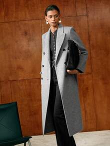 MOTF PREMIUM WOOL PEAK COLLAR DOUBLE BREASTED PLACKET BELTED OVERCOAT - Grey - View 8