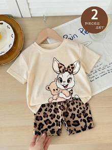 SHEIN Baby Girls Cartoon Print Short Sleeve T-Shirt & Leopard Print Shorts Set - Multicolor - View 3