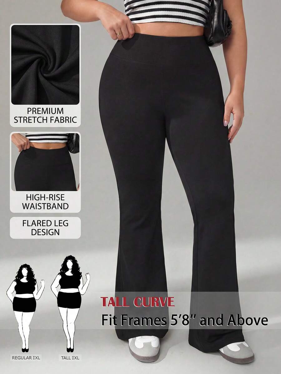 SHEIN Tall CURVE 大码女装秋冬返校休闲家居服瑜伽舒适户外纯黑色针织弹力腰高腰口袋喇叭裤，带口袋打底裤