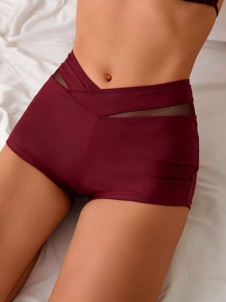 SHEIN Swim Women's Summer Sports Mesh Patchwork Shorts - Burgundy - View 1