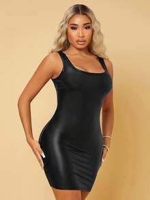 SHEIN SXY Scoop Neck PU Leather Bodycon Dress - Black - View 6