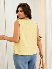 Lounesse Plus Size Women's Fashionable Summer Solid Color Textured Front Button Shirt, Casual Wear - Light Yellow - View 2