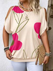 Breezaya Camiseta de manga corta con hombros abiertos y estampado de plantas para tallas grandes, ideal para ocasiones casuales - Camisetas gráficas para mujeres - Multicolor - Ver 3
