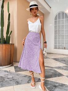 SHEIN Holidaya Váy maxi xẻ đùi in họa tiết toàn thân, thích hợp cho kỳ nghỉ biển, trang phục nữ. - Màu tím - Xem 4