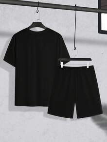 Manfinity Homme Plus Size Men's Casual Fashion Street Daily Commute Letter Print Short Sleeve T-Shirt And Drawstring Waist Shorts Set, Summer - Black - View 3