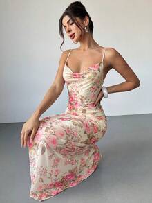 Firerie 女士优雅简约精致浪漫时尚圣帕特里克节度假派对日常深V领抽象花卉印花修身长裙，春夏款 - 彩色 - 查看 4