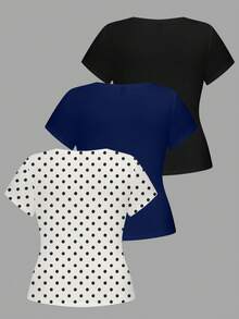 Calvaya Plus Size Women's Elegant Casual Polka Dot Navy Blue & Black 3-Piece Basic Short Sleeve T-Shirt Set - Multicolor - View 2