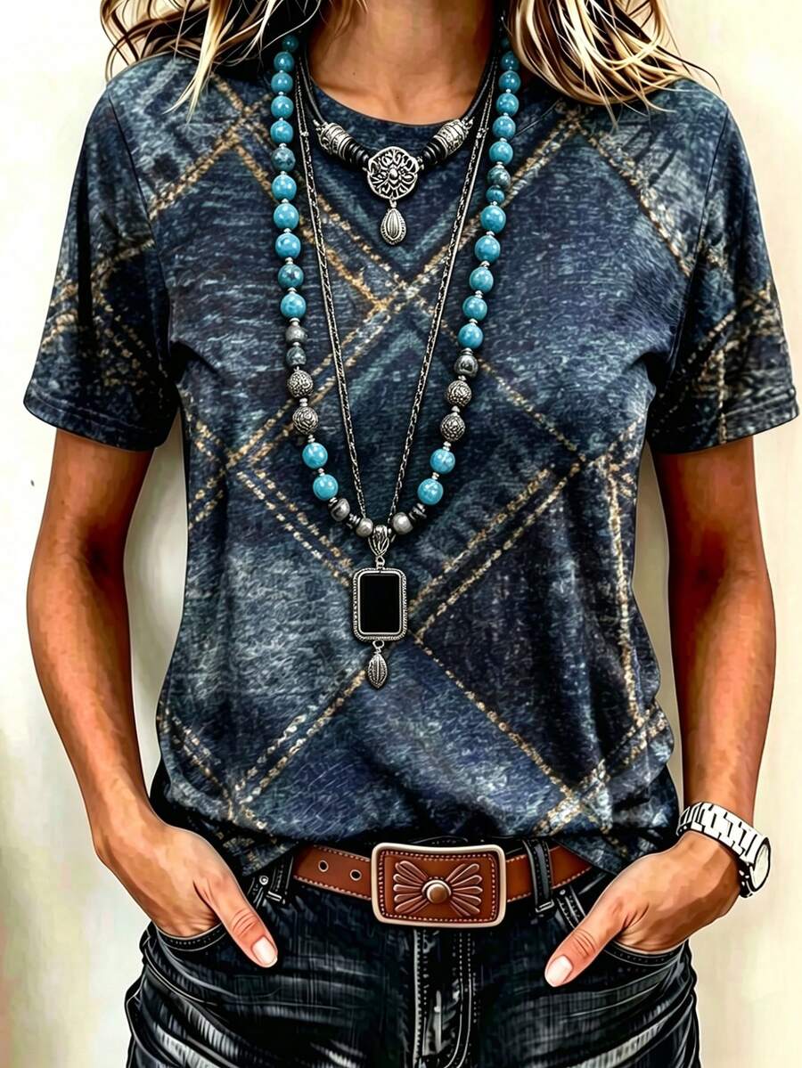 EMERY ROSE Áo thun nữ tay ngắn cổ tròn in họa tiết denim, kiểu dáng thường ngày, đa năng. - Nhiều màu - Xem 1