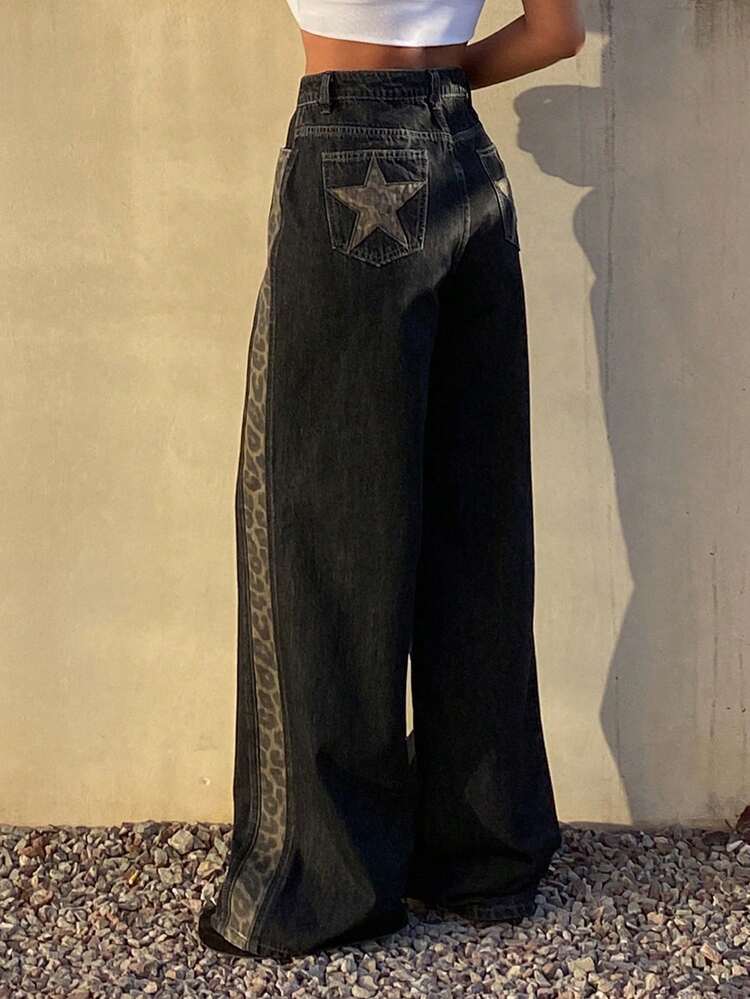Women's Leopard Print Patchwork Loose Casual Denim Pants