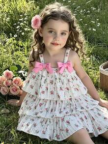 SHEIN Vintaside Kids Baby Girl Fashion Cute Sleeveless Pleated Cake Skirt, Summer Gradient Color Sling Design, Suitable For Party Vacation - Pink - View 3